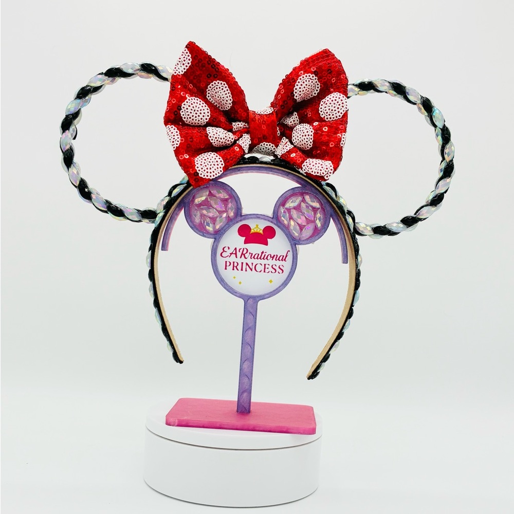 EARrational Princess Mickey Ears Black & white AB rhinestones with Polka Dot Bow